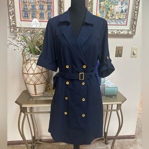 SHARAGANO CLASSIC NAVY BLUE SHORT SLEEVE DOUBLE BREASTED TRENCH DRESS SIZE 14